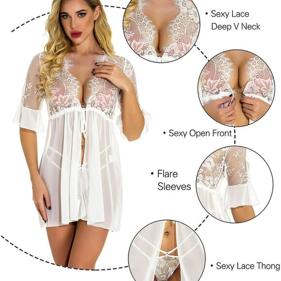 Women's Sexy Lingerie Babydoll Lace Chemise Sheer Mesh Open Front Sleepwear Set - Picture 2 of 6